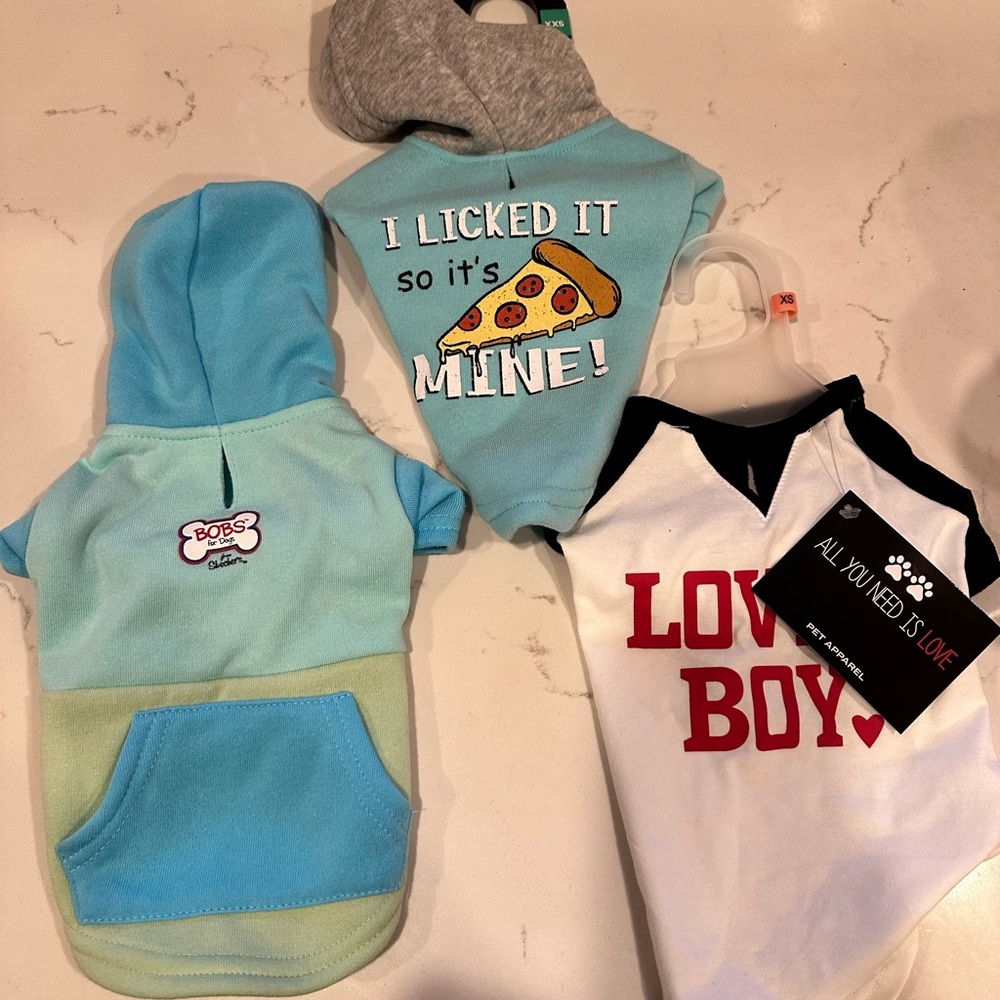 Set of dog hoodies & one T shirt.  Bob from Skechers dog hoodies